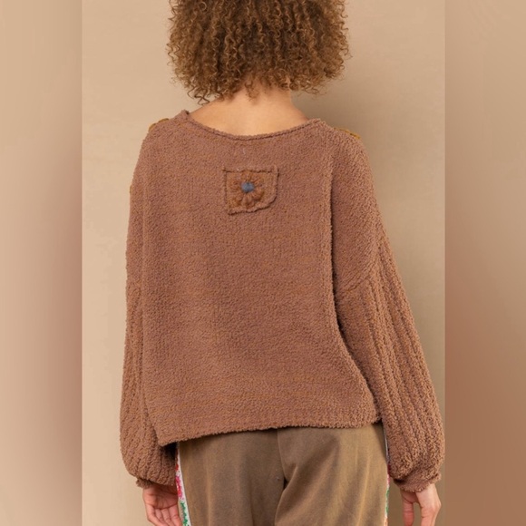 1 LEFT POL Cozy Cute Brown Textured Knit Sweater | Flower Patchwork - Picture 2 of 5